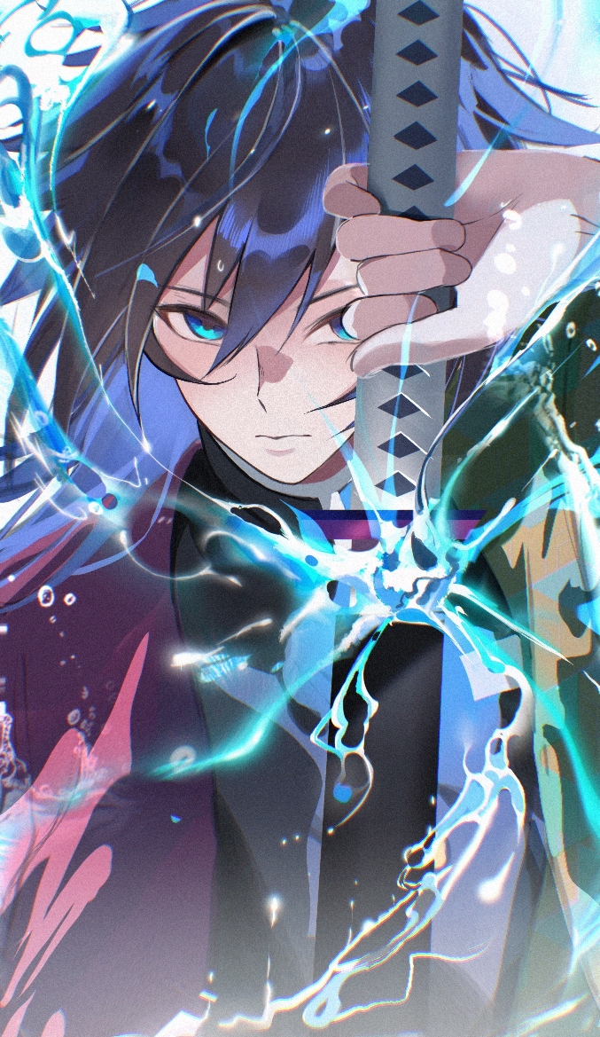 komuer, tomioka giyuu, kimetsu no yaiba, commentary request, 1boy, black hair, black jacket, blue eyes, buttons, closed mouth, demon slayer uniform, hand up, haori, high collar, holding, holding sword, holding weapon, jacket, japanese clothes, katana, long hair, low ponytail, male focus, ponytail, red haori, solo, spiked hair, sword, upper body, water, weapon, white background