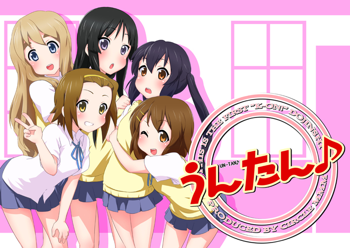 pokopen, akiyama mio, hirasawa yui, kotobuki tsumugi, nakano azusa, tainaka ritsu, k-on!, 00s, 5girls, black eyes, black hair, blonde hair, blue eyes, brown eyes, brown hair, ho-kago tea time, hug, long hair, multiple girls, school uniform, short hair, twintails, v