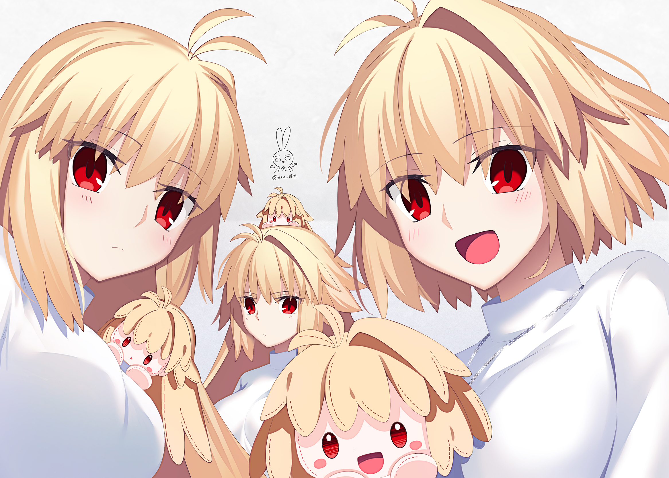 aro 1801, arcueid brunestud, tsukihime, tsukihime (remake), commentary request, highres, 3girls, alternate hairstyle, blonde hair, blush, breasts, group picture, jewelry, large breasts, long hair, looking at viewer, multiple girls, pendant, red eyes, short hair, simple background, stuffed toy, sweater, upper body, white background, white sweater