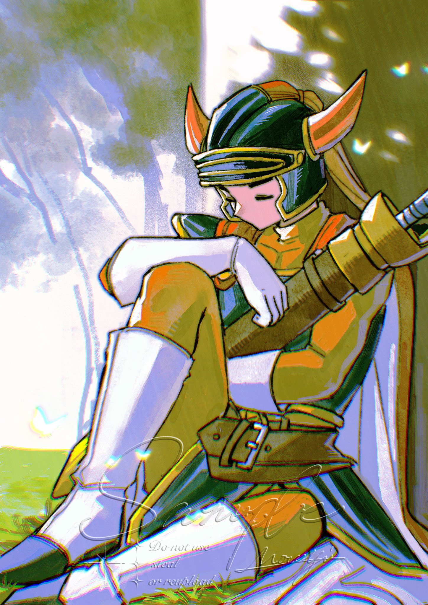 mouyi, hero (dq1), dragon quest, dragon quest i, hashtag-only commentary, highres, 1boy, arm rest, armor, belt, belt buckle, blue armor, bodysuit, boots, buckle, cape, closed eyes, fake horns, gloves, helmet, horned helmet, horns, knee up, male focus, no mouth, orange bodysuit, outdoors, red cape, sheath, sheathed, shoulder armor, sitting, solo, sword, turtleneck, turtleneck bodysuit, two-sided cape, two-sided fabric, weapon, white boots, white gloves