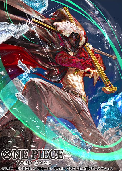 egawa akira, dracule mihawk, one piece, one piece card game, commentary request, official art, 1boy, abs, coat, copyright name, facial hair, floating clothes, hat feather, holding, holding sword, holding weapon, looking at viewer, male focus, mustache, open clothes, open coat, solo, sword, water, weapon