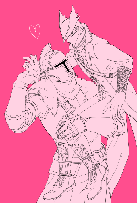 bearer of the curse, hunter (bloodborne), bloodborne, dark souls (series), dark souls ii, commentary request, 2boys, armor, boots, breastplate, bridal gauntlets, carrying, carrying person, coat, cowboy shot, crossover, full body, fur collar, hat, helm, helmet, looking at another, male focus, monochrome, multiple boys, pants, pink theme, scarf, shirt, short hair, simple background, suou yuuchi, yaoi