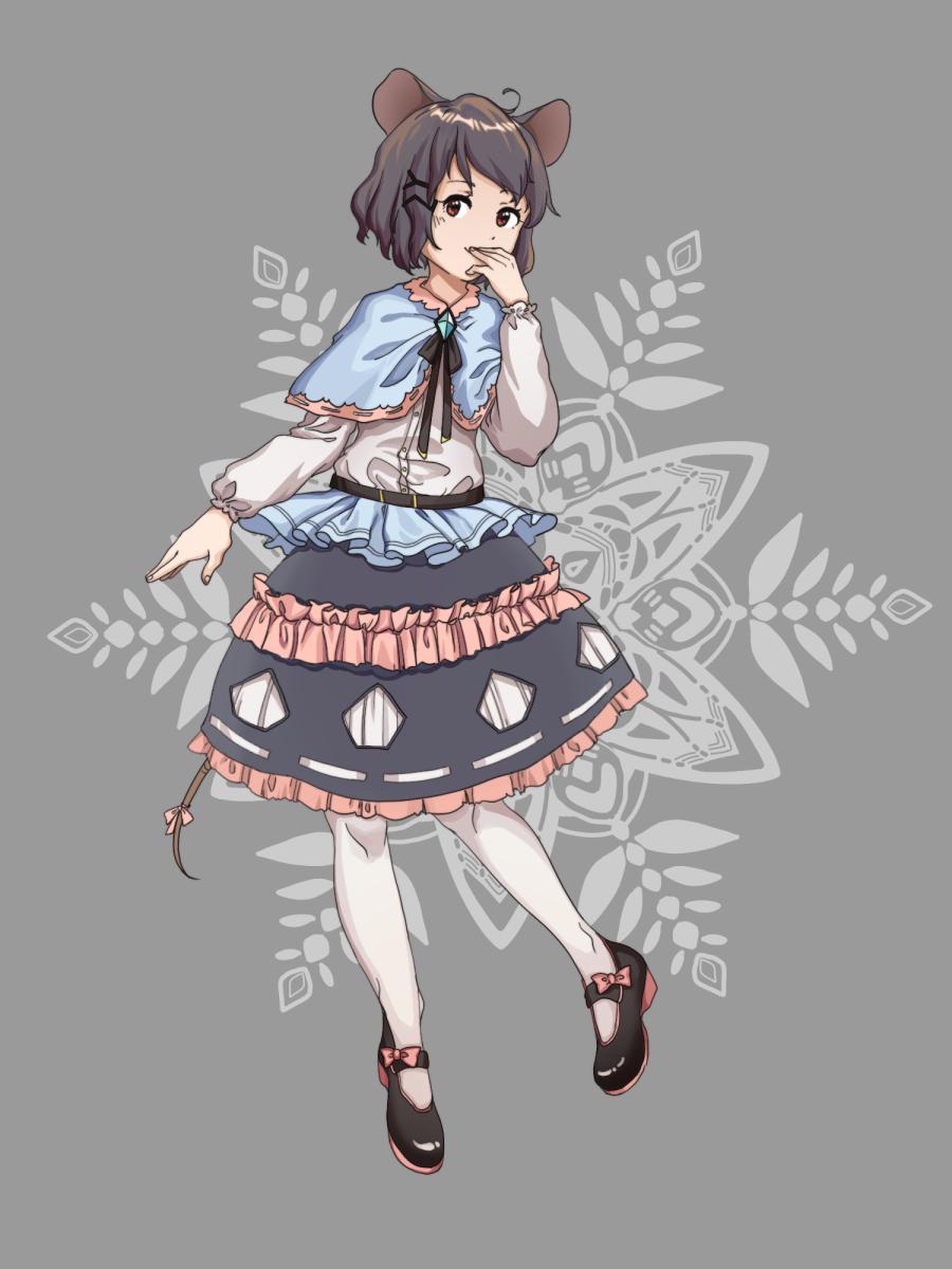 furahata gen, nazrin, touhou, commentary, highres, 1girl, :d, alternate costume, analogous colors, animal ears, black shoes, blue capelet, blush, bow, brooch, capelet, closed mouth, covering own mouth, floral background, footwear bow, frilled shirt, frilled skirt, frilled sleeves, frills, full body, grey background, grey hair, grey neckerchief, grey skirt, hair ornament, hairclip, jewelry, lolita fashion, long sleeves, looking at viewer, mouse ears, mouse tail, neckerchief, open mouth, outdoors, pantyhose, pink bow, red eyes, shirt, shoes, short hair, skirt, smile, solo, standing, tail, tail bow, tail ornament, warm colored, wheat field, white pantyhose, white shirt