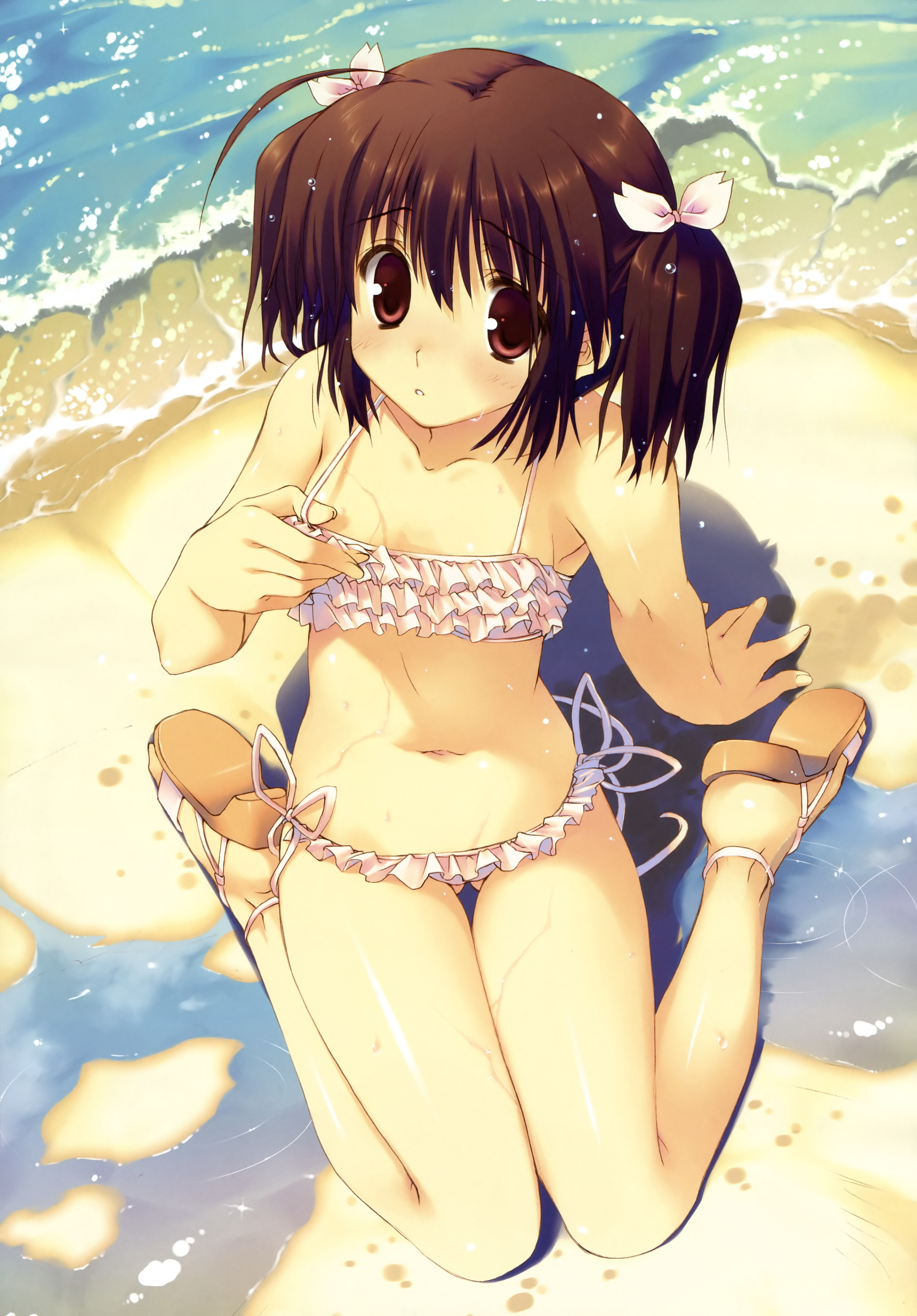 mitsumi misato, yuzuhara konomi, to heart (series), to heart 2, absurdres, highres, 00s, 1girl, armpits, beach, bikini, brown hair, day, female focus, flat chest, frills, kneeling, outdoors, red eyes, side-tie bikini bottom, solo, swimsuit, water