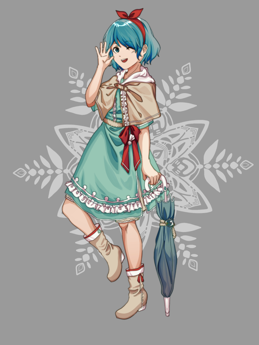 furahata gen, tatara kogasa, touhou, commentary, highres, 1girl, :d, alternate costume, blue dress, blue eyes, blue hair, blush, boots, bow, bow hairband, bush, capelet, closed mouth, cloud, cloudy sky, dress, floral background, frilled dress, frills, grey background, grey capelet, hair bow, hairband, hand up, holding, holding umbrella, hood, hood down, hooded capelet, karakasa obake, lolita fashion, looking at viewer, medium hair, one eye closed, open mouth, rainbow, red bow, red hairband, sky, smile, solo, standing, teeth, tongue, tongue out, tree, umbrella, upper teeth only, white boots