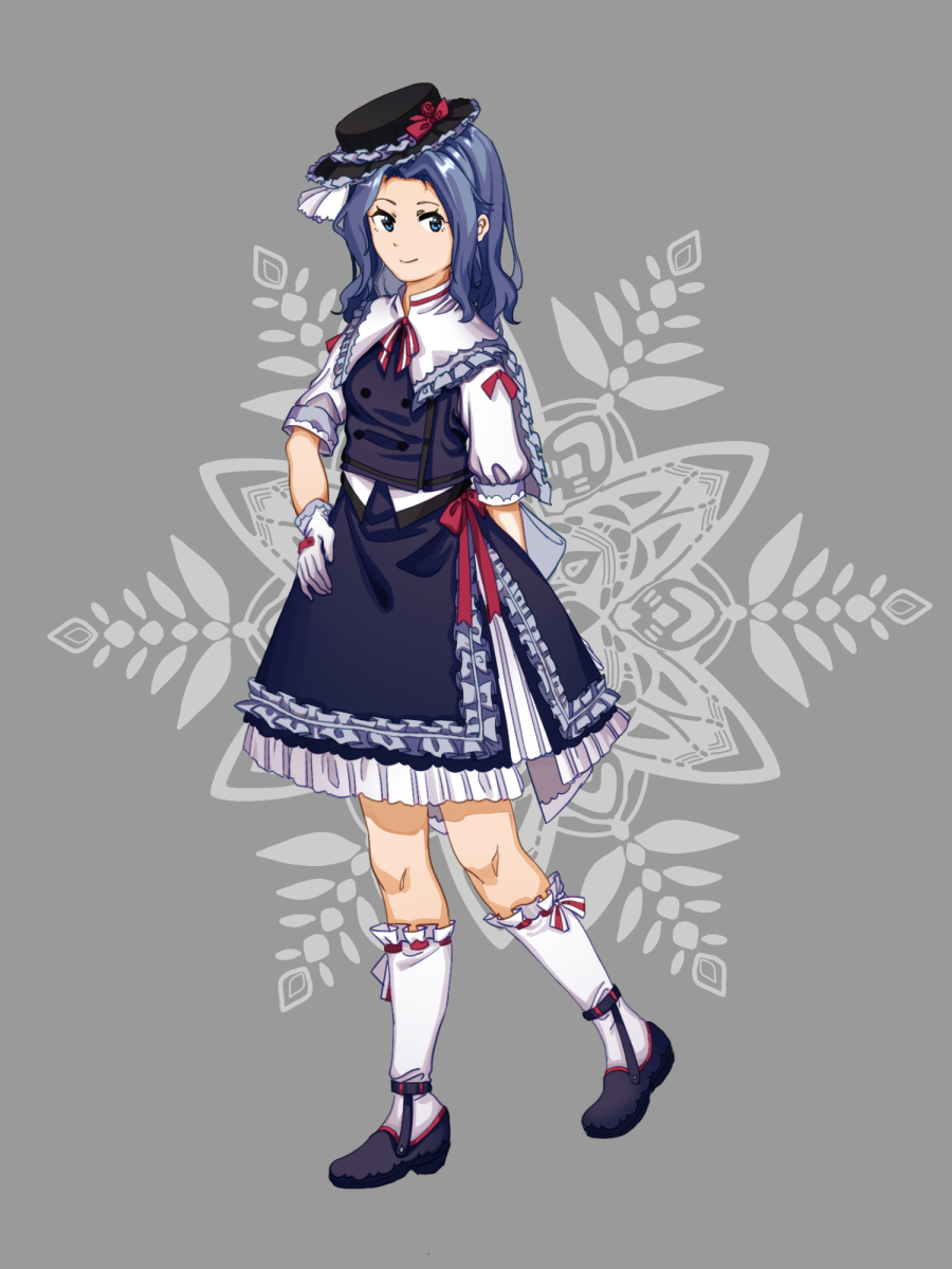 furahata gen, kumoi ichirin, touhou, highres, 1girl, :d, alternate costume, arm behind back, balloon, black hat, black skirt, black vest, blue hair, bow, buttons, closed mouth, cloud, collared shirt, fedora, floating hair, floral background, frilled hat, frilled shirt collar, frills, gloves, grass, grey background, hat, hat bow, holding, holding suitcase, lolita fashion, looking at viewer, medium hair, neckerchief, open mouth, parted bangs, red bow, shirt, short sleeves, skirt, skirt set, sleeve cuffs, smile, solo, standing, striped neckerchief, suitcase, vest, waist bow, white bow, white gloves, white shirt