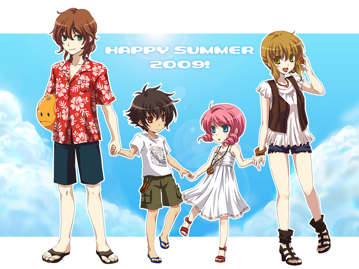 meg (artist), meg maru2, christina sierra, feldt grace, haro, lockon stratos, neil dylandy, setsuna f. seiei, gundam, gundam 00, bad id, bad pixiv id, 00s, 2boys, 2girls, aged down, black hair, blue eyes, bracelet, brown hair, casual, child, cloud, day, denim, denim shorts, dress, green eyes, high heels, jewelry, long hair, multiple boys, multiple girls, nail polish, necklace, pink hair, red eyes, sandals, shirt, shoes, shorts, sky, smile, standing, summer, t-shirt, twintails, yellow eyes