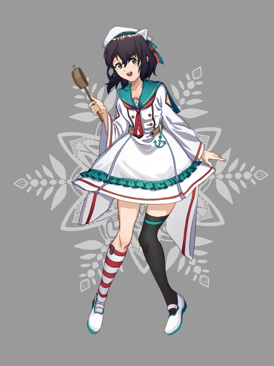 furahata gen, murasa minamitsu, touhou, commentary, highres, 1girl, :d, alternate costume, anchor, anchor symbol, asymmetrical legwear, black hair, black thighhighs, blue eyes, blue sailor collar, blush, cloud, dress, floral background, frilled dress, frills, full body, grey background, hair between eyes, hat, holding, kneehighs, lolita fashion, long sleeves, looking at viewer, mary janes, mismatched legwear, necktie, open mouth, parted lips, red necktie, sailor collar, shoes, short hair, single kneehigh, single sock, single thighhigh, smile, socks, solo, standing, striped clothes, striped socks, teeth, thighhighs, triangular headpiece, uneven legwear, upper teeth only, white dress, white hat, white shoes, wide sleeves