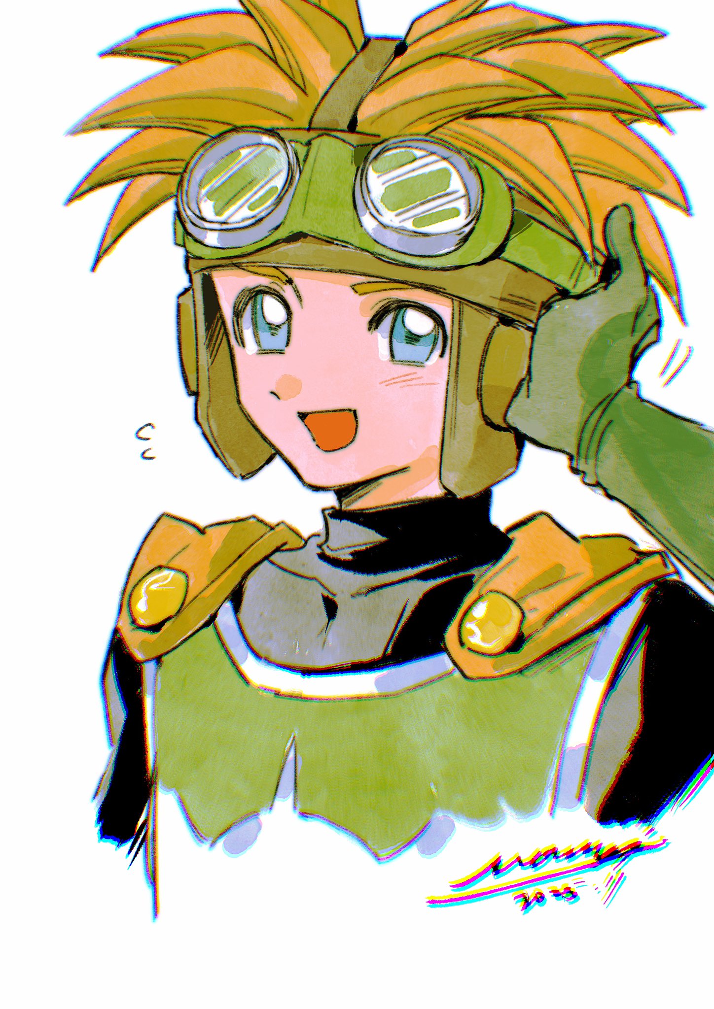 mouyi, prince of samantoria, dragon quest, dragon quest ii, hashtag-only commentary, highres, 1boy, black bodysuit, blonde hair, blue eyes, bodysuit, cape, dated, flying sweatdrops, gloves, goggles, goggles on headwear, green gloves, green tabard, hand on own head, looking at viewer, male focus, open mouth, orange cape, short hair, signature, simple background, solo, spiked hair, tabard, turtleneck, turtleneck bodysuit, upper body, white background