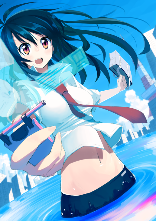 kasuga ayumu (haruhipo), original, bad id, bad pixiv id, 1girl, black hair, female focus, midriff, navel, necktie, red eyes, short hair, solo, wading, water