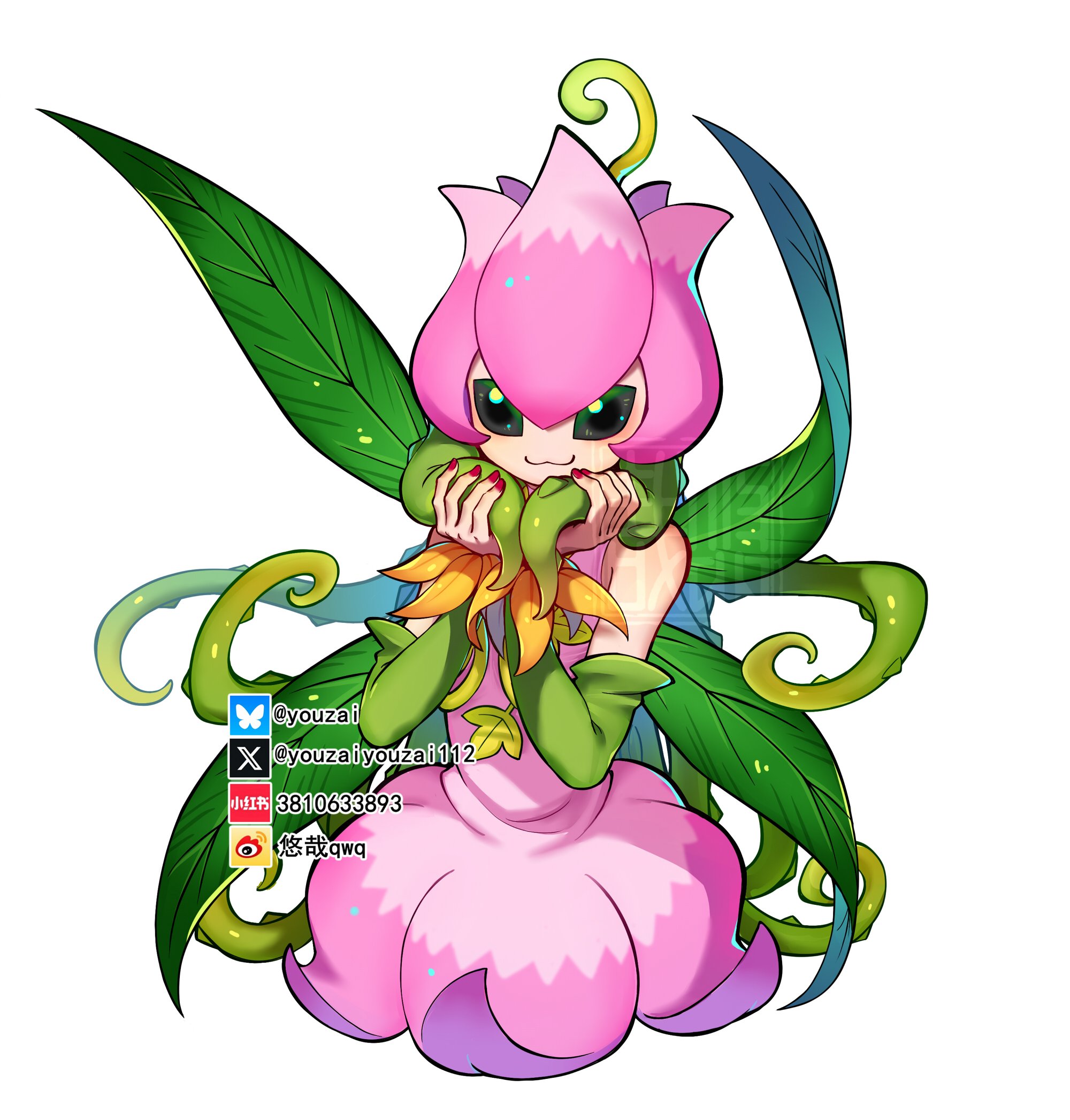 youzaiyouzai112, lilimon, digimon, highres, 1girl, :3, bare shoulders, cowboy shot, detached sleeves, digimon (creature), dress, fairy wings, green hair, green sleeves, green wings, long hair, multiple wings, pink dress, plant hair, simple background, solo, white background, wings