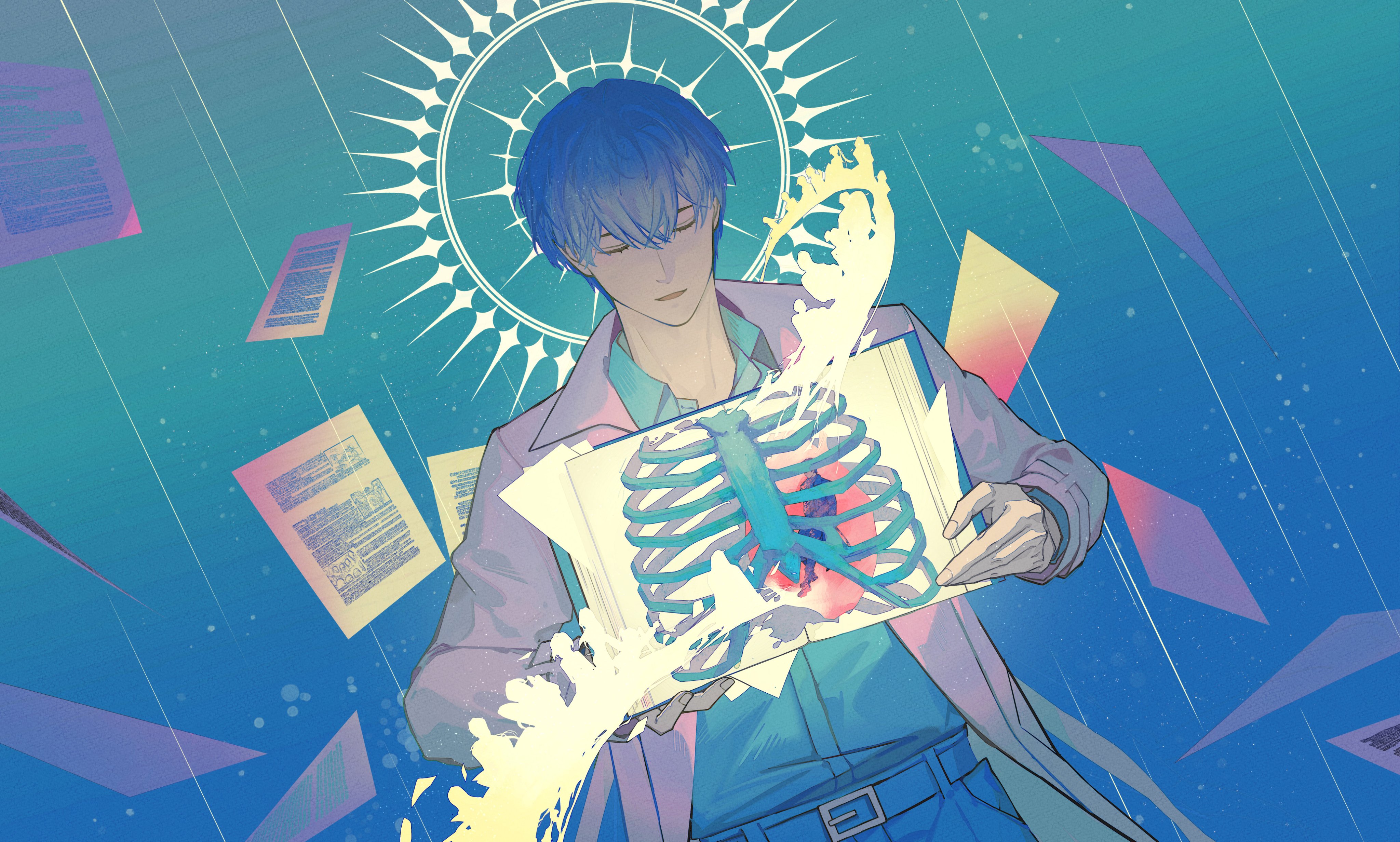 kim dokja, yoo joonghyuk, omniscient reader's viewpoint, absurdres, commentary request, highres, 2boys, belt, black hair, blue shirt, book, closed eyes, coat, collared shirt, cowboy shot, encasement, expressionless, glowing, hair between eyes, halo, halo behind head, heart (organ), holding, holding book, mini person, miniboy, multiple boys, open book, open clothes, open coat, paper doll chain, rain, revealing layer, ribs, sanjinmogufufu, shirt, shirt tucked in, short hair, size difference, spiked halo, too many papers, white coat