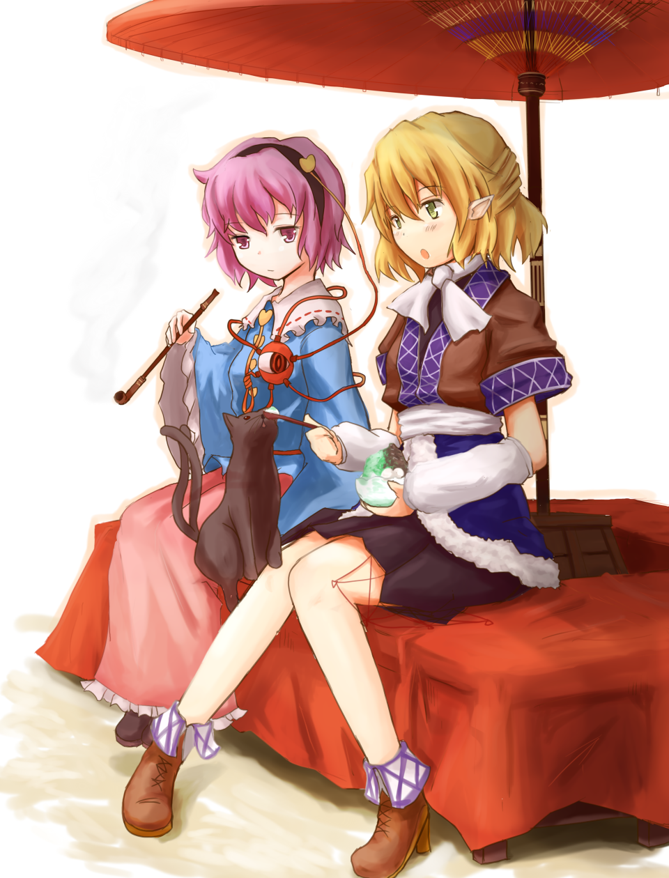 kokotetsu, kaenbyou rin, kaenbyou rin (cat), komeiji satori, mizuhashi parsee, touhou, bad id, bad pixiv id, highres, 2girls, blonde hair, blouse, blue shirt, female focus, food, green eyes, hair between eyes, half updo, holding, holding smoking pipe, kiseru, knees together feet apart, multiple girls, multiple tails, oil-paper umbrella, pink eyes, pink hair, pointy ears, shaved ice, shirt, sitting, smoking pipe, tail, two tails, ujikintoki, umbrella, white background