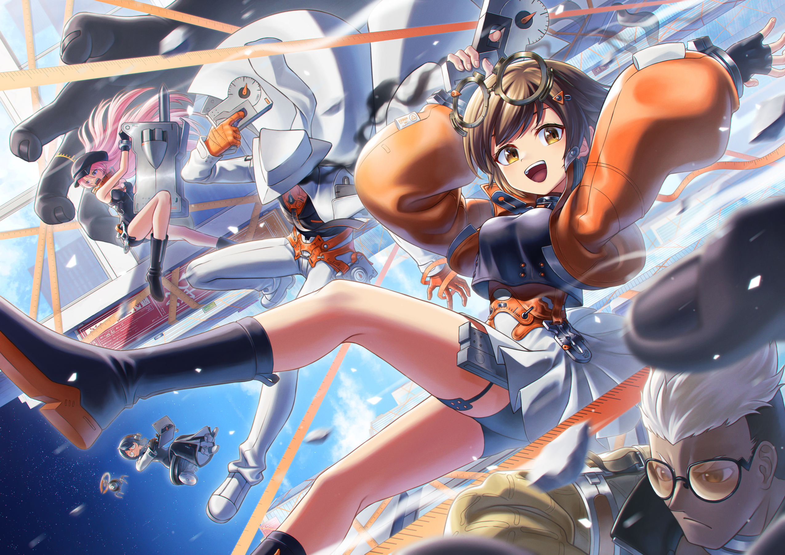 rlyo (ryo relation), group leader (xinyue tongxing), mingshuang (xinyue tongxing), qianqiu (xinyue tongxing), xingliang (xinyue tongxing), zhongyuan (xinyue tongxing), xinyue tongxing, commentary request, highres, 1boy, 1other, 3girls, :d, arms up, bike shorts, bike shorts under skirt, black boots, black dress, black gloves, black hat, black skirt, blue sky, boots, brown hair, closed mouth, coat, dress, eyewear on head, falling, fingerless gloves, gloves, gun, hat, holding, holding gun, holding weapon, jacket, long hair, looking at viewer, miniskirt, multiple girls, newsboy cap, open mouth, orange gloves, orange jacket, pants, pink hair, shoes, short hair, skirt, sky, smile, solo focus, tinted eyewear, weapon, white coat, white hair, white hat, white pants, white shoes, white skirt, yellow-tinted eyewear, yellow eyes