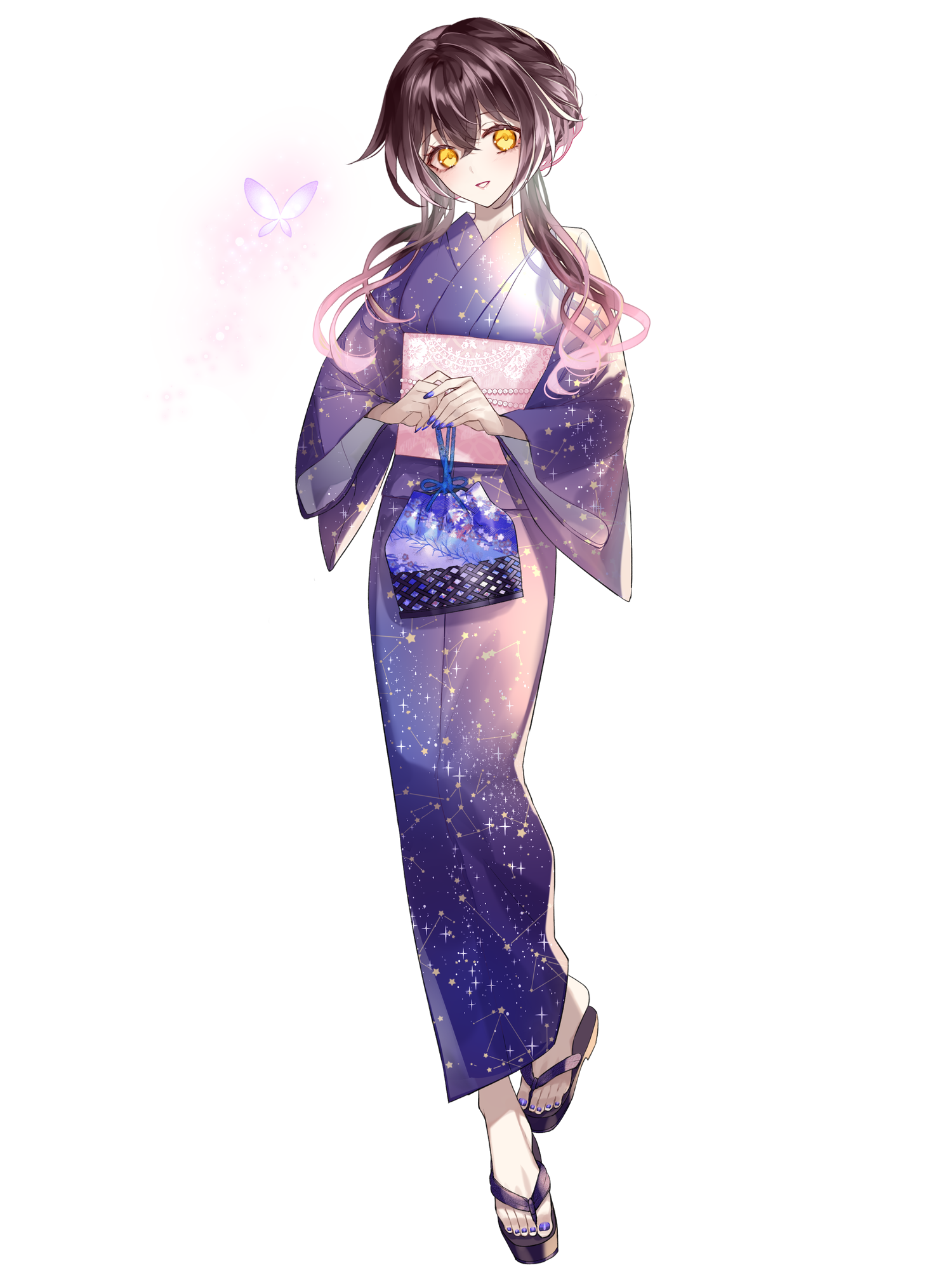 yusa tk74, dairoku ryouhei, highres, 1girl, anna sehnsucht, blue nails, brown hair, bug, butterfly, constellation print, gradient hair, insect, japanese clothes, kimono, kinchaku, long hair, multicolored hair, obi, pouch, purple kimono, sandals, sash, solo, toenails, transparent background, wide sleeves, yellow eyes