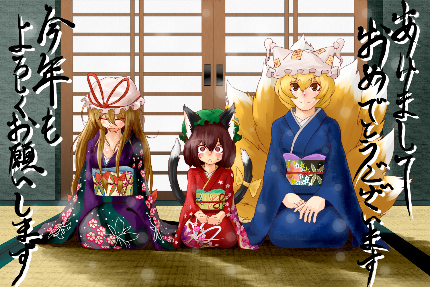 nekoarashi, yana (nekoarashi), chen, yakumo ran, yakumo yukari, touhou, translated, 3girls, :<, animal ears, blonde hair, brown hair, cat ears, cat girl, cat tail, earrings, female focus, fox tail, hat, japanese clothes, jewelry, long hair, mob cap, multiple girls, multiple tails, new year, short hair, sitting, sleeping, tail, yellow eyes