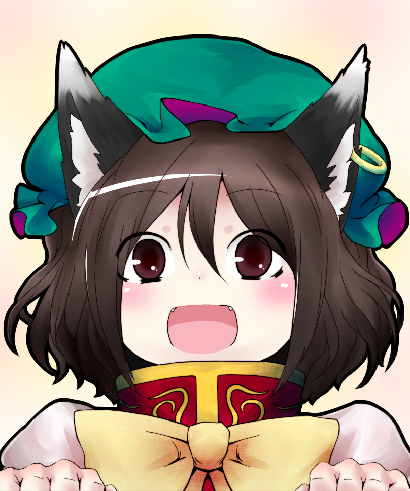 nekoarashi, yana (nekoarashi), chen, touhou, 1girl, :d, animal ears, brown hair, cat ears, cat girl, close-up, earrings, fangs, female focus, happy, hat, jewelry, open mouth, red eyes, short hair, smile, solo