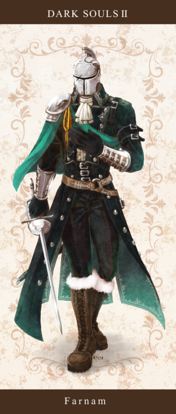 bearer of the curse, dark souls (series), dark souls ii, commentary request, 1boy, adapted costume, armor, ascot, black gloves, black pants, boots, brown boots, character name, coat, copyright name, foil (fencing), full body, fur-trimmed boots, fur trim, gloves, green coat, helm, helmet, holding, holding sword, holding weapon, lace-up boots, male focus, ouji fashion, pants, pauldrons, shoulder armor, single pauldron, solo, standing, suou yuuchi, sword, weapon, white ascot