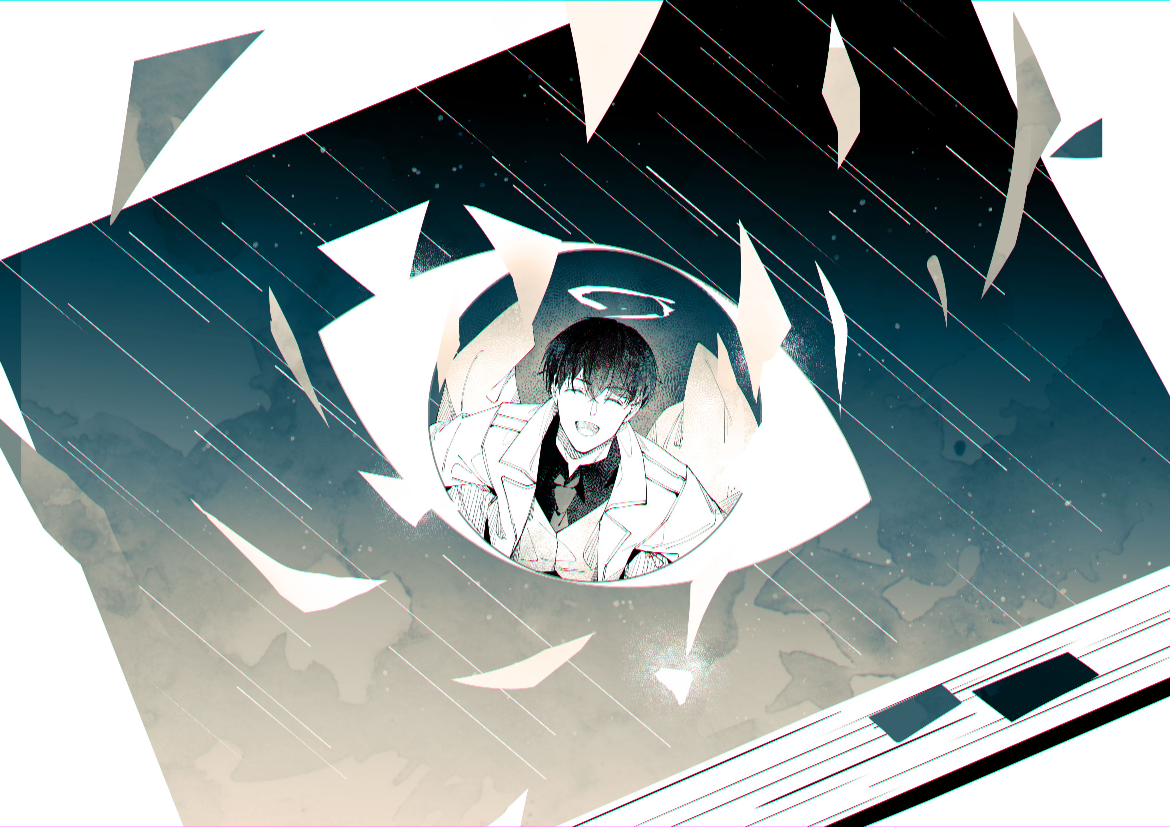 kim dokja, omniscient reader's viewpoint, absurdres, commentary, english commentary, highres, 1boy, black hair, black necktie, black shirt, closed eyes, coat, collared shirt, dutch angle, eye print, eye reflection, facing viewer, falling paper, grin, halo, necktie, night, open clothes, open coat, rain, reflection, sanjinmogufufu, shirt, short hair, sky, smile, star (sky), starry sky, superimposition, vest, white coat, white vest, white wings, wings