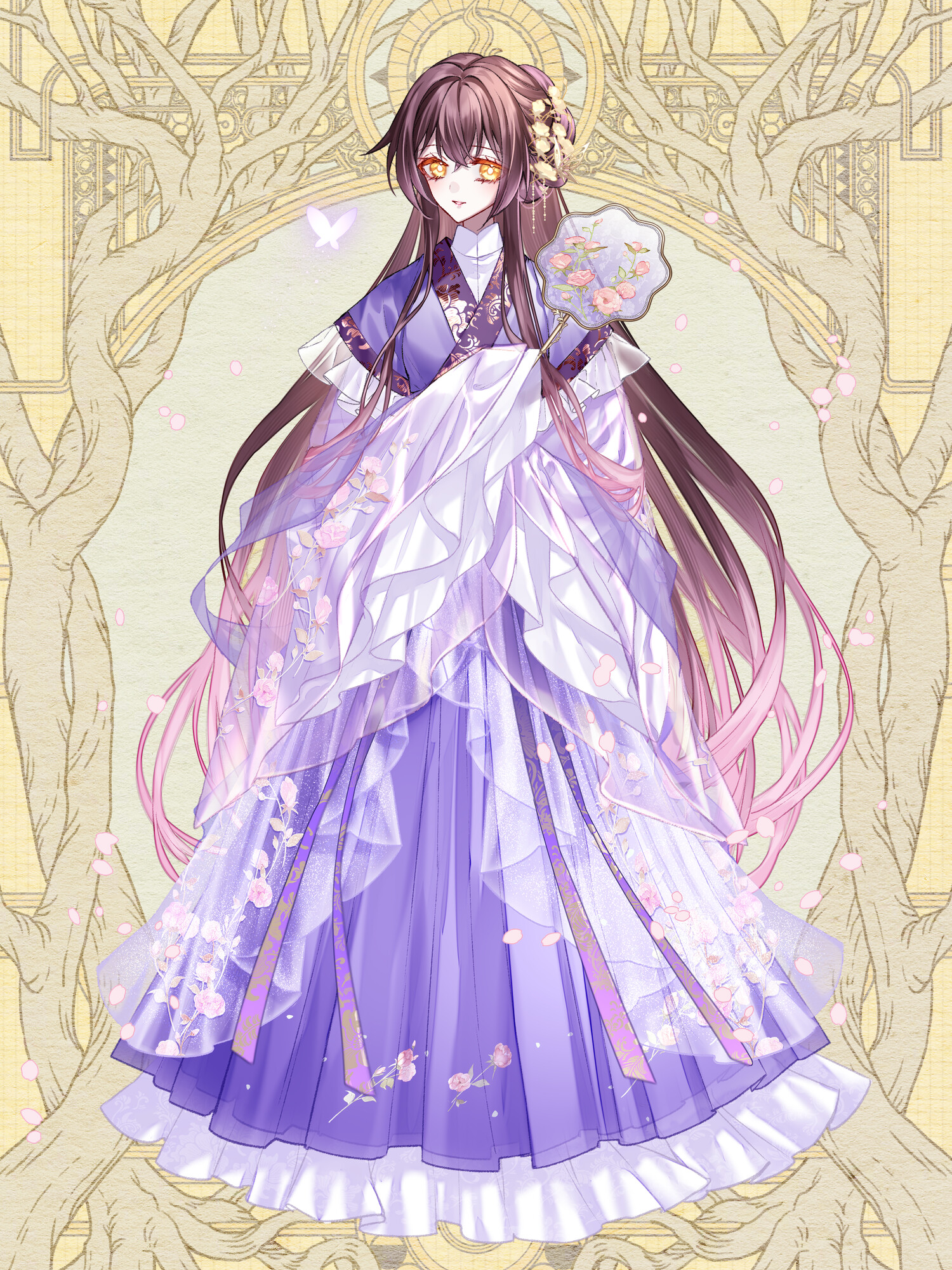 yusa tk74, dairoku ryouhei, highres, 1girl, anna sehnsucht, brown hair, bug, butterfly, floral print, full body, gradient hair, hair ornament, hand fan, insect, japanese clothes, kimono, long hair, multicolored hair, purple kimono, standing, very long hair, yellow background, yellow eyes