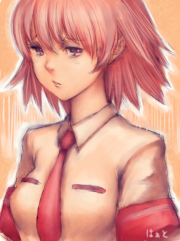 fumio (rsqkr), aino heart, aq interactive, arcana heart, atlus, examu, 1girl, female focus, necktie, pink hair, raised eyebrows, short hair, sketch, solo