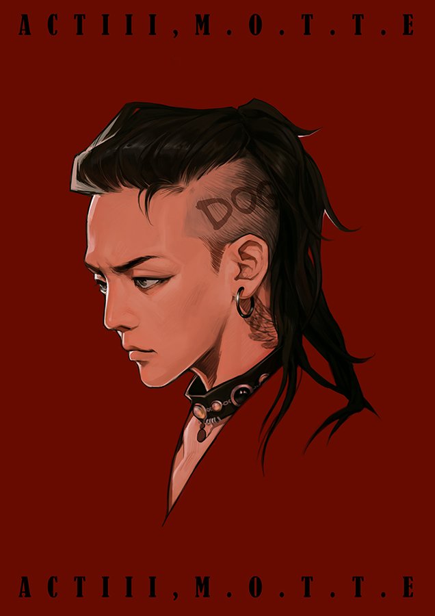 iiiiben, g-dragon, real life, hashtag-only commentary, 1boy, black hair, choker, closed mouth, earrings, jewelry, looking ahead, male focus, ponytail, portrait, profile, red background, simple background, solo