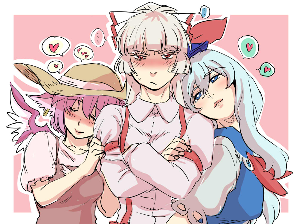 yumiya, fujiwara no mokou, kamishirasawa keine, mystia lorelei, touhou, silver hair, 3girls, animal ears, blue hair, blush, earrings, female focus, hat, heart, jewelry, long hair, multiple girls, pink hair, red eyes, short hair, spoken heart, straw hat, suspenders, wings, yuri