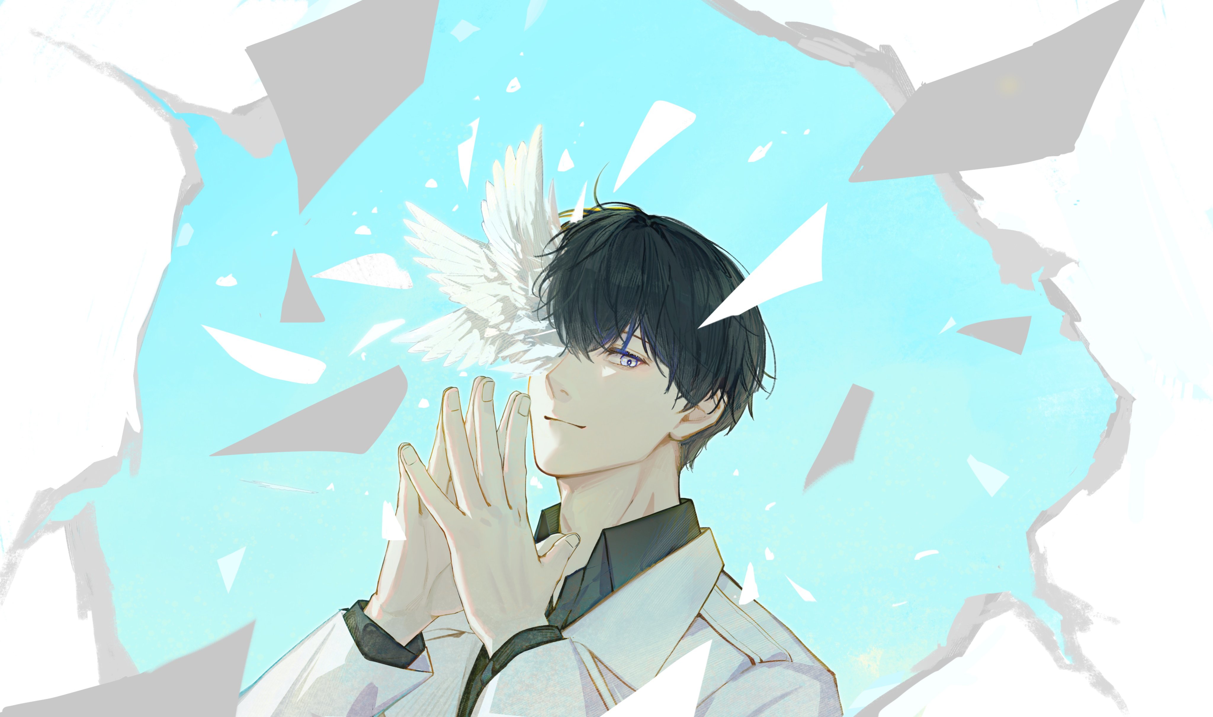 kim dokja, omniscient reader's viewpoint, absurdres, commentary request, highres, 1boy, black hair, black shirt, blue sky, clear sky, coat, collared shirt, falling paper, feathered wings, hair between eyes, hands up, head wings, looking at viewer, male focus, open clothes, open coat, sanjinmogufufu, shirt, short hair, sky, smile, solo, steepled fingers, too many papers, torn paper, upper body, white coat, white eyes, white wings, wings