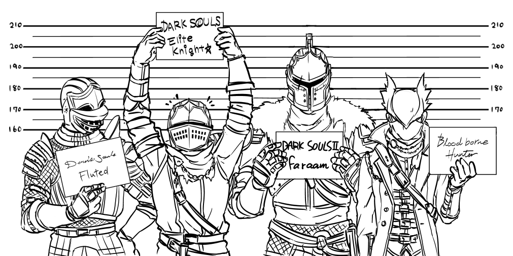 bearer of the curse, chosen undead, hunter (bloodborne), slayer of demons, bloodborne, dark souls (series), dark souls i, dark souls ii, demon's souls, commentary request, 4boys, armor, arms up, breastplate, chainmail, character name, coat, copyright name, crossover, fur collar, greyscale, height mark, helm, helmet, holding, holding sign, knight, lineup, male focus, monochrome, mugshot, multiple boys, pauldrons, short hair, shoulder armor, sign, suou yuuchi, tunic, upper body