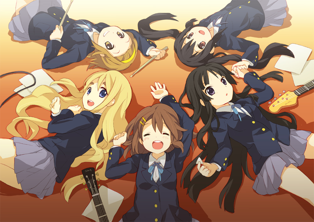 tachitsu teto, akiyama mio, hirasawa yui, kotobuki tsumugi, nakano azusa, tainaka ritsu, k-on!, md5 mismatch, 00s, 5girls, :d, circle formation, drumsticks, guitar, happy, ho-kago tea time, instrument, looking at viewer, lying, multiple girls, on back, on side, open mouth, plectrum, round teeth, school uniform, smile, teeth