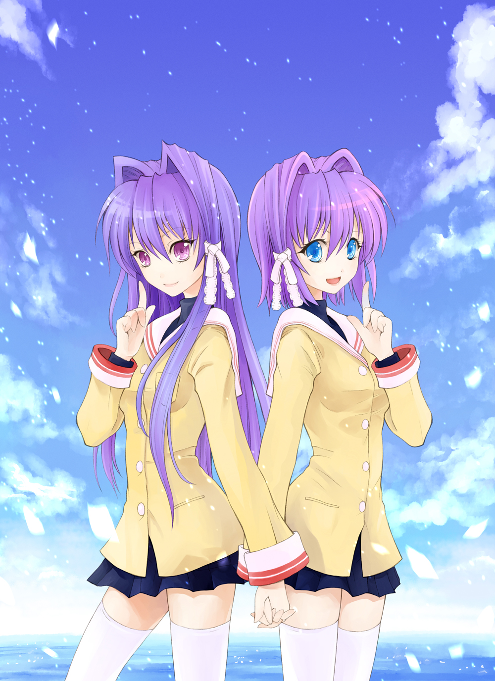 les, fujibayashi kyou, fujibayashi ryou, clannad, highres, 00s, 2girls, blue eyes, cloud, day, holding hands, long hair, multiple girls, purple eyes, purple hair, school uniform, short hair, siblings, sisters, sky, smile, thighhighs, twins, white thighhighs