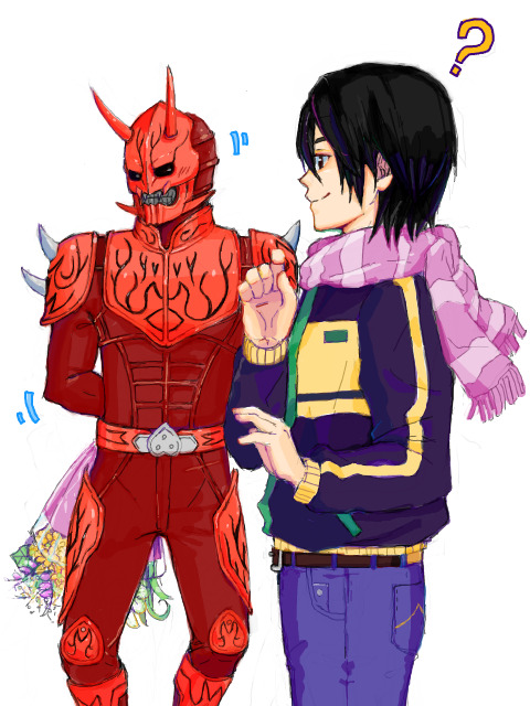 momotaros, nogami ryoutarou, kamen rider, kamen rider den-o (series), 2boys, ?, armor, arms behind back, black hair, blush, bodysuit, boquet, coat, facing away, flower, flower bouquet, knees bent, male focus, monster, monster boy, multiple boys, oni, pink scarf, red armor, scarf, short hair, smile, striped coat, tegaki
