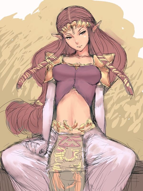 fumio (rsqkr), princess zelda, nintendo, the legend of zelda, the legend of zelda: twilight princess, 1girl, armor, brown eyes, brown hair, elbow gloves, elf, female focus, gloves, long hair, midriff, pauldrons, pointy ears, purple eyes, seductive smile, shoulder armor, sitting, sketch, smile, solo, spread legs, tiara