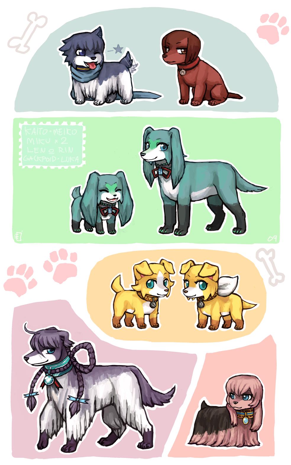 emlan, hatsune miku, kagamine len, kagamine rin, kaito (vocaloid), kamui gakupo, megurine luka, meiko (vocaloid), vocaloid, highres, ^ ^, animalization, character name, closed eyes, dog, multiple dogs, no humans, outline, white outline