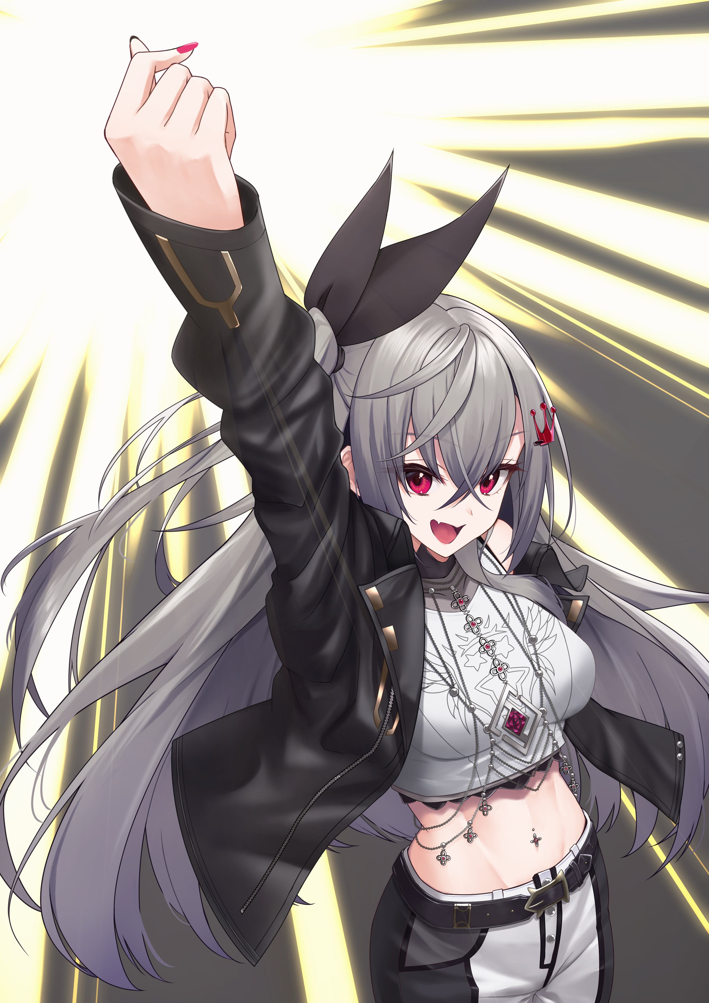 deshihayashi18, isaki riona, hololive, hololive dev is, absurdres, commentary request, highres, 1girl, arm up, belt, black belt, black jacket, crop top, crown hair ornament, fang, grey hair, isaki riona (1st costume), jacket, long hair, midriff, navel, navel piercing, piercing, pink nails, red eyes, skin fang, virtual youtuber
