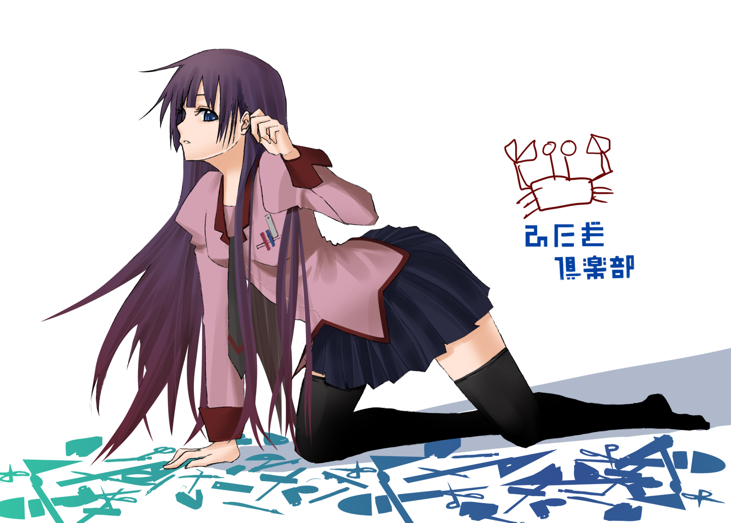 smine, senjougahara hitagi, bakemonogatari, monogatari (series), 00s, blue eyes, feet, long hair, necktie, purple hair, school uniform, skirt, solo, thighhighs, zettai ryouiki