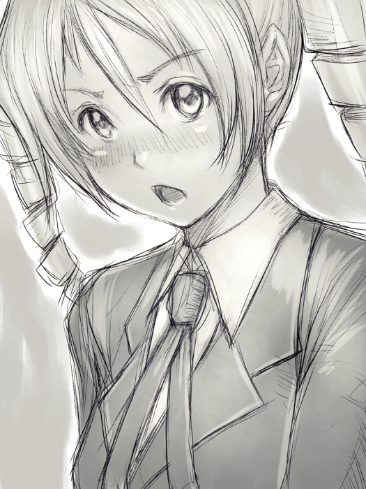 fumio (rsqkr), blush, drill hair, greyscale, monochrome, necktie, short hair, sketch, solo