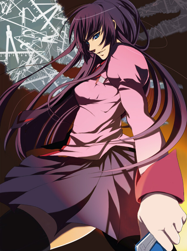 efuta, senjougahara hitagi, bakemonogatari, monogatari (series), bad id, bad pixiv id, 00s, 1girl, blue eyes, female focus, long hair, necktie, purple hair, ruler, school, set square, skirt, solo, stapler, thighhighs, zettai ryouiki