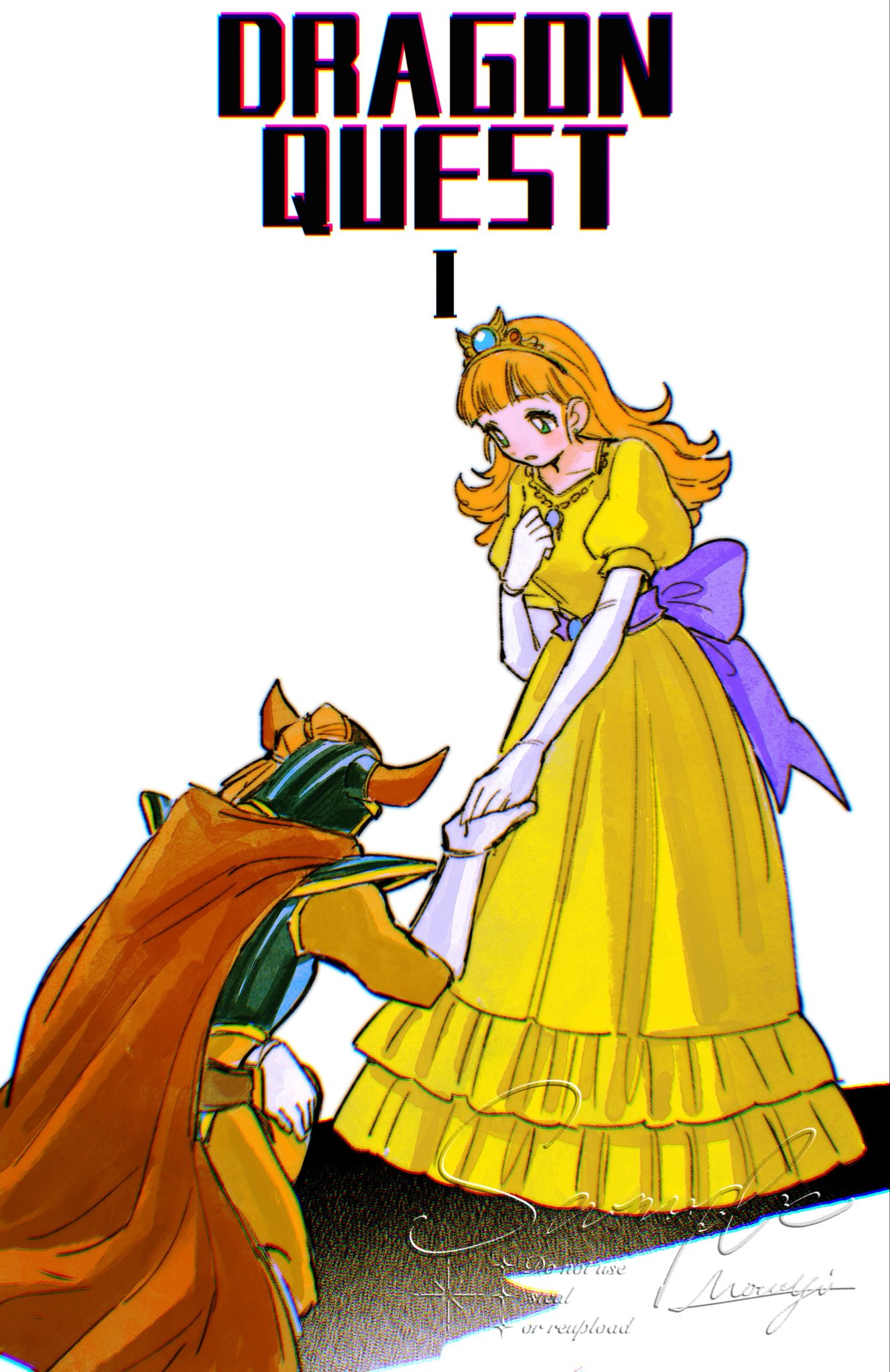 mouyi, hero (dq1), princess laura, dragon quest, dragon quest i, commentary, highres, symbol-only commentary, 1boy, 1girl, armor, back bow, bodysuit, bow, cape, copyright name, dress, fake horns, full body, gloves, helmet, holding hands, horned helmet, horns, jewelry, long hair, looking at another, necklace, on one knee, orange bodysuit, orange hair, princess, purple bow, purple sash, red cape, sash, signature, standing, tiara, white background, white gloves, yellow dress