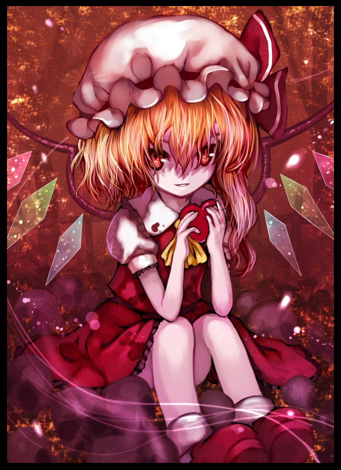 kiira, flandre scarlet, embodiment of scarlet devil, touhou, 1girl, blonde hair, border, female focus, hat, heart, ponytail, red eyes, short hair, side ponytail, sitting, solo, wings