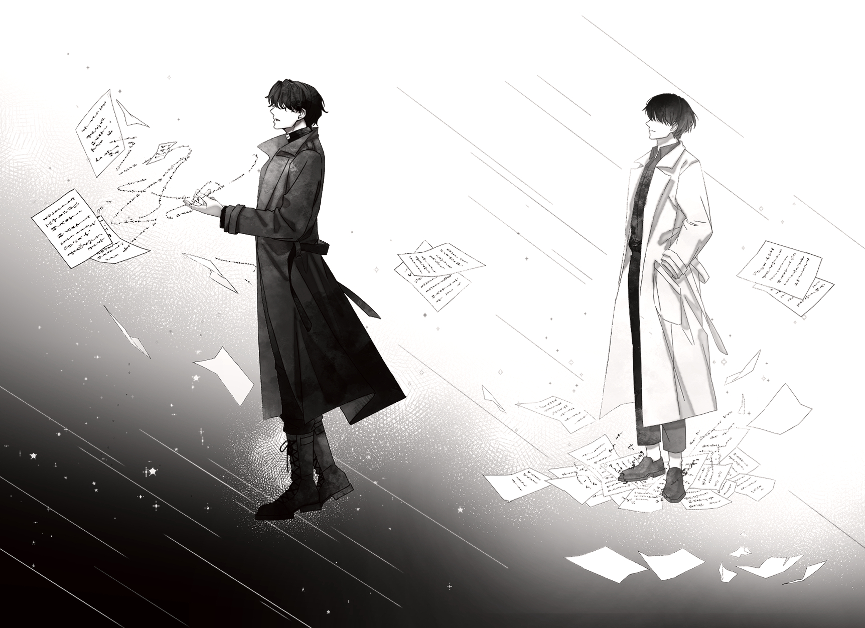 kim dokja, yoo joonghyuk, omniscient reader's viewpoint, commentary request, highres, 2boys, black coat, black hair, black shirt, boots, coat, falling paper, from side, hand up, hands in pockets, male focus, multiple boys, open clothes, open coat, sanjinmogufufu, shirt, short hair, standing, white coat