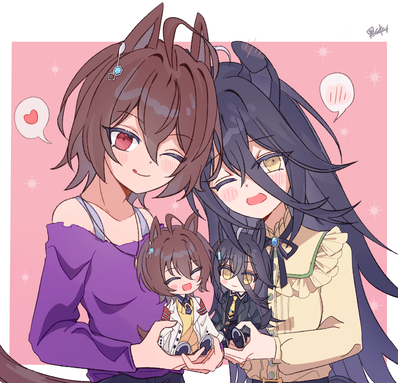 agnes tachyon (umamusume), manhattan cafe (umamusume), umamusume, commentary request, highres, 2girls, ahoge, animal ears, belt, black belt, black hair, black ribbon, bra strap, brown hair, character doll, closed mouth, doll, ears down, embarrassed, frilled shirt, frills, hair between eyes, heart, holding, holding doll, horse ears, horse girl, horse tail, jewelry, kuro sato, long bangs, long hair, long hair between eyes, long sleeves, looking at viewer, multicolored hair, multiple girls, neck ribbon, necklace, off-shoulder shirt, off shoulder, one eye closed, open mouth, purple shirt, ribbon, shirt, short hair, smile, spoken blush, spoken heart, tail, tongue, tongue out, very long hair, white hair, yellow shirt, yuri