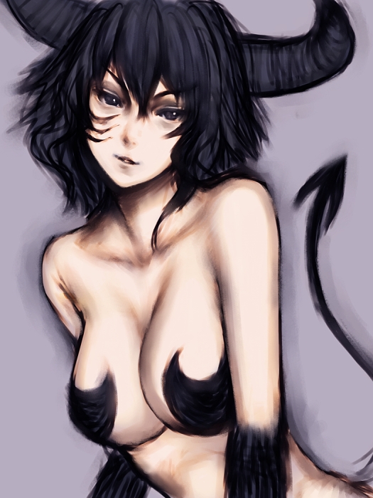 fumio (rsqkr), original, 1girl, bare shoulders, black eyes, black hair, breasts, cleavage, demon girl, demon tail, female focus, horns, large breasts, short hair, sketch, solo, tail