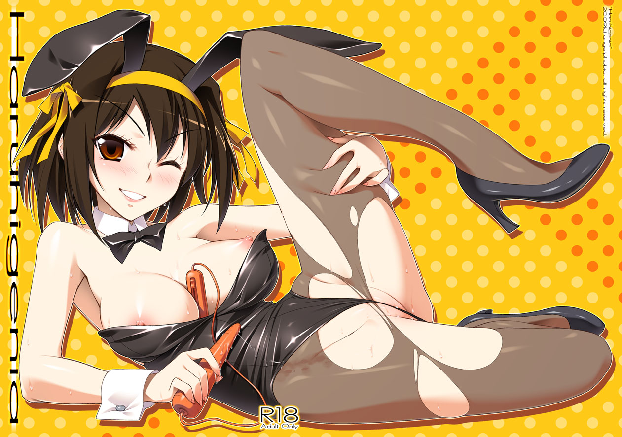 tomomimi shimon, suzumiya haruhi, suzumiya haruhi no yuuutsu, 00s, 1girl, animal ears, bare shoulders, black bow, black bowtie, black shoes, blush, bow, bowtie, breasts, brown eyes, brown hair, brown pantyhose, carrot, cuffs, detached collar, fake animal ears, female focus, high heels, large breasts, nipple slip, nipples, one eye closed, pantyhose, playboy bunny, rabbit ears, sex toy, shoes, short hair, smile, solo, spread legs, torn clothes, torn pantyhose, vibrator, wink, wrist cuffs