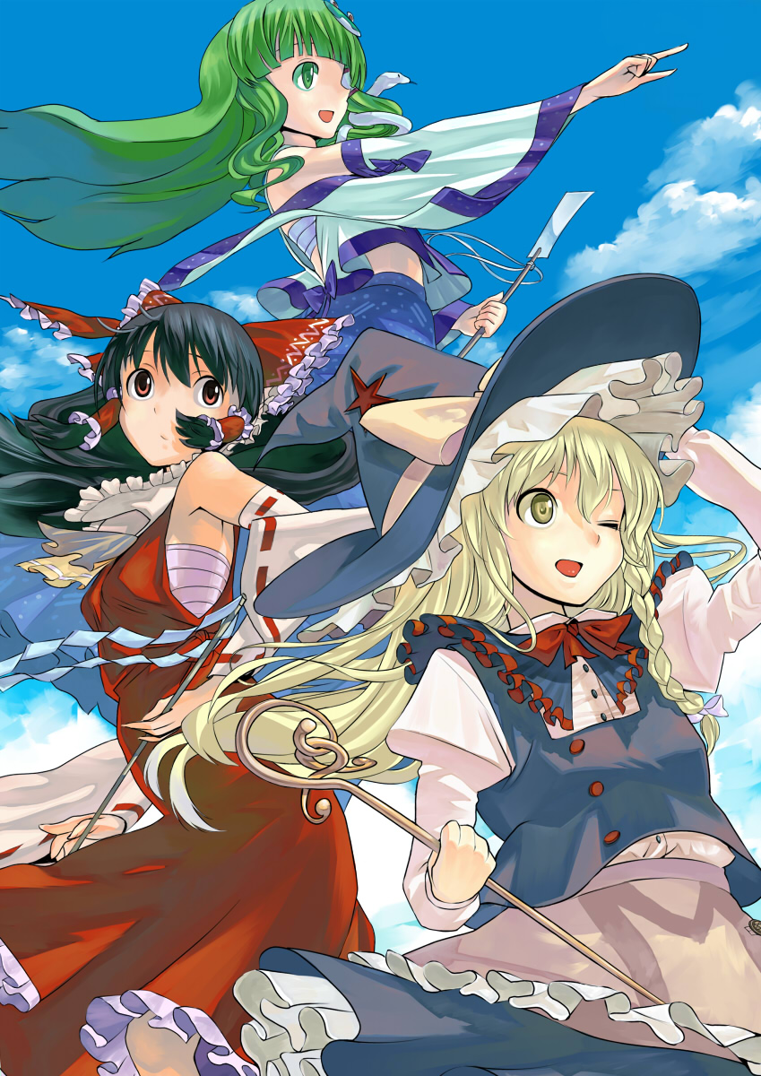 yaten, hakurei reimu, kirisame marisa, kochiya sanae, touhou, undefined fantastic object, highres, 3girls, black hair, blonde hair, bow, braid, detached sleeves, female focus, frog, gohei, green eyes, green hair, hair ornament, hat, japanese clothes, long hair, miko, multiple girls, red eyes, sarashi, short hair, snake, witch, witch hat, yellow eyes