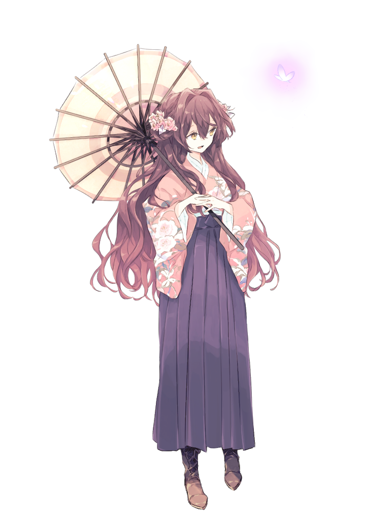 seiyakarutaken, dairoku ryouhei, 1girl, anna sehnsucht, brown hair, bug, butterfly, flower, full body, hair flower, hair ornament, hakama, insect, japanese clothes, kimono, oil-paper umbrella, pink kimono, transparent background, umbrella