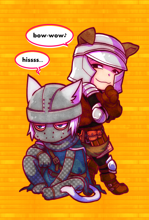 creighton of mirrah, mild mannered pate, dark souls (series), dark souls ii, commentary request, 2boys, :3, animal ears, armor, black eyes, black pants, blue eyes, blue tunic, boots, brown boots, brown gloves, cat boy, cat ears, cat tail, chainmail, chibi, chibi only, closed mouth, dog boy, dog ears, dog tail, ears through headwear, empty eyes, full body, gloves, helmet, kemonomimi mode, male focus, mask, masked, multiple boys, orange background, pants, short hair, sitting, smile, standing, suou yuuchi, tail, tunic