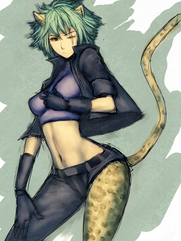fumio (rsqkr), animal ears, gloves, green hair, scar, scar across eye, scar on face, short hair, sketch, solo, tail