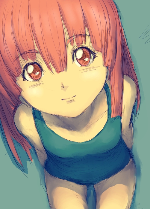 fumio (rsqkr), flat chest, leaning forward, one-piece swimsuit, orange eyes, orange hair, sketch, solo, swimsuit