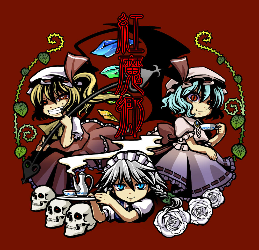 socha, flandre scarlet, izayoi sakuya, remilia scarlet, touhou, silver hair, 3girls, bat wings, blonde hair, blue eyes, blue hair, braid, chibi, cup, female focus, flower, hat, laevatein, multiple girls, ponytail, red eyes, rose, short hair, side ponytail, simple background, skull, slit pupils, steam, tea, teacup, teapot, twin braids, white flower, white rose, wings